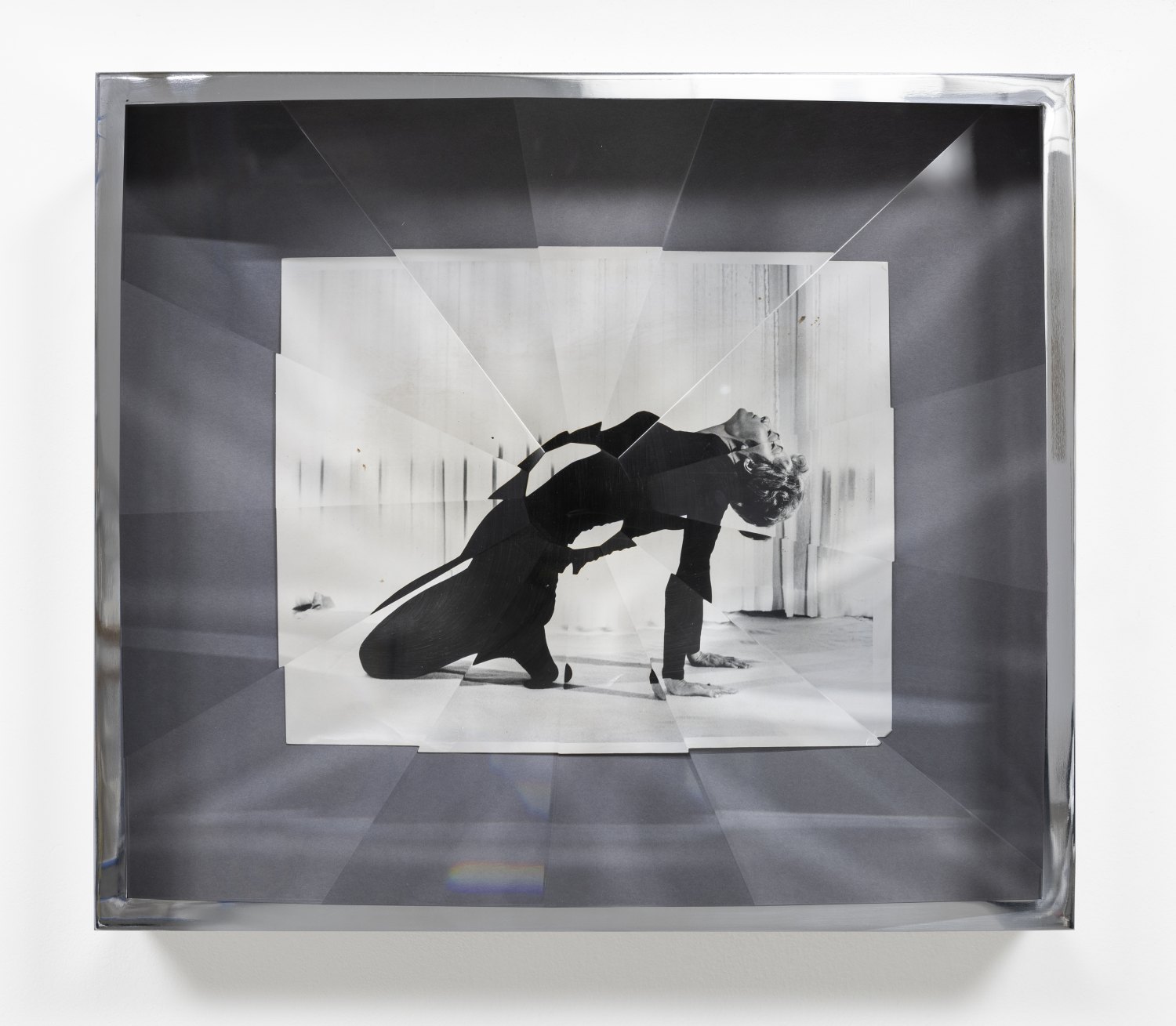 Jeremy Shaw Towards Universal Pattern Recognition (TheYoga Thing. Sun-Times. APRIL 13 1970), 2022 Original archive press photograph, customcutprism, chrome 42.65 x 3.7 x 16 cm