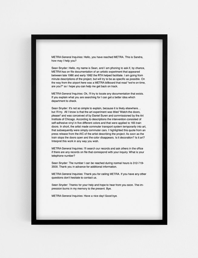 Sean Snyder Correspondence with METRA (Chicago Urban Transport), 2015 b/w archival pigment print on matte paper, 29,7 cm x 42 cm 