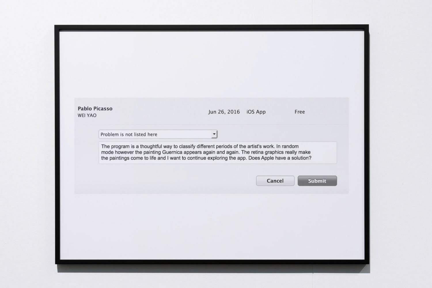 Sean Snyder Question To Apple (Pablo Picasso iTunes App by Wei Yao), 2016 b/w archival pigment print on matte paper, 51 cm x 67 cm, 1 cm black aluminum frame 
