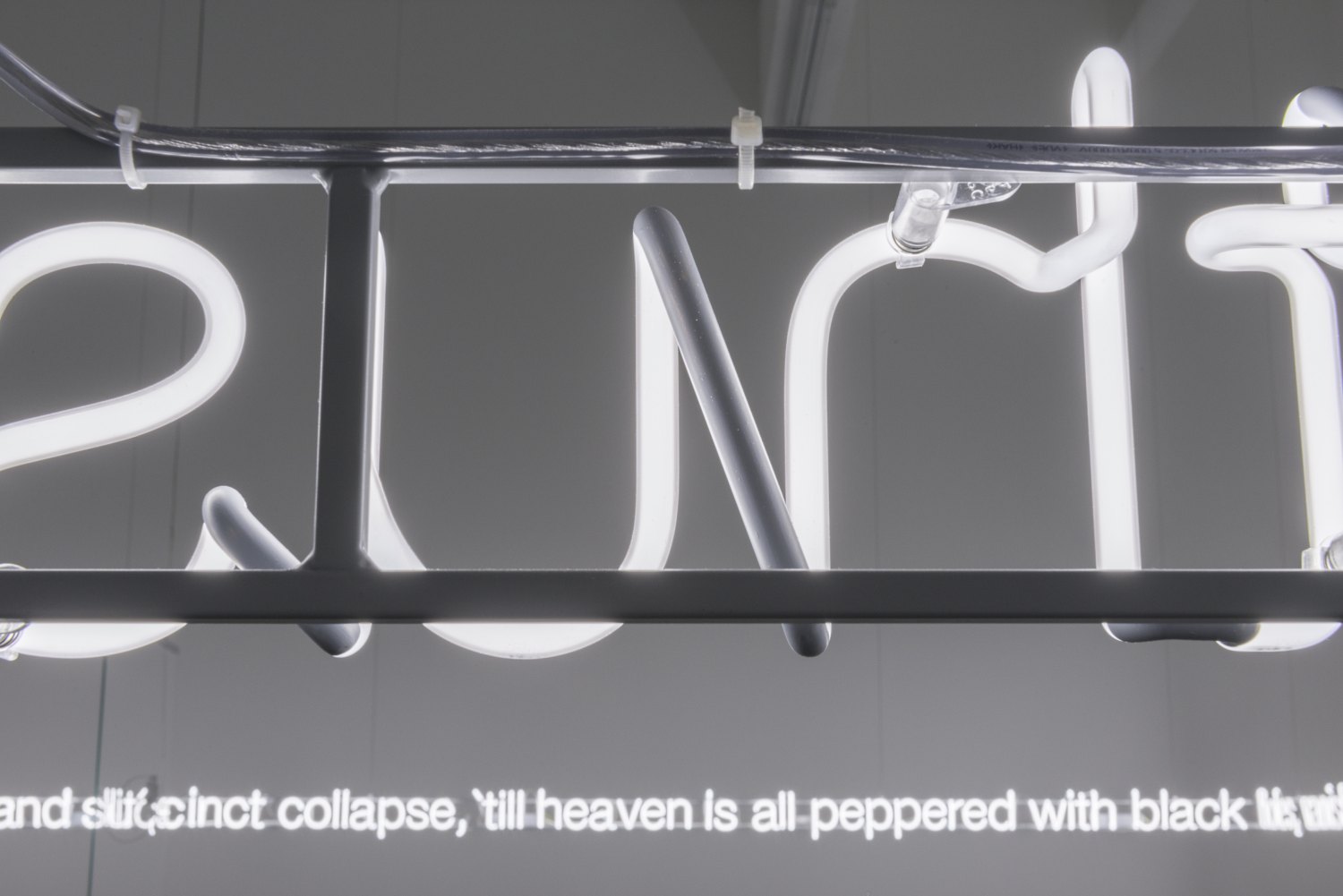Cerith Wyn Evans 'E=L=A=P=S=E' in Glass with sound, 2016 (detail) 11 pieces toughened low iron glass, 5 channel audio, 11 speakers, 3 amplifiers, 1 WavePlayer8, clear audio wire, 1mm stainless steel cable 196 x 520 x 470 cm 