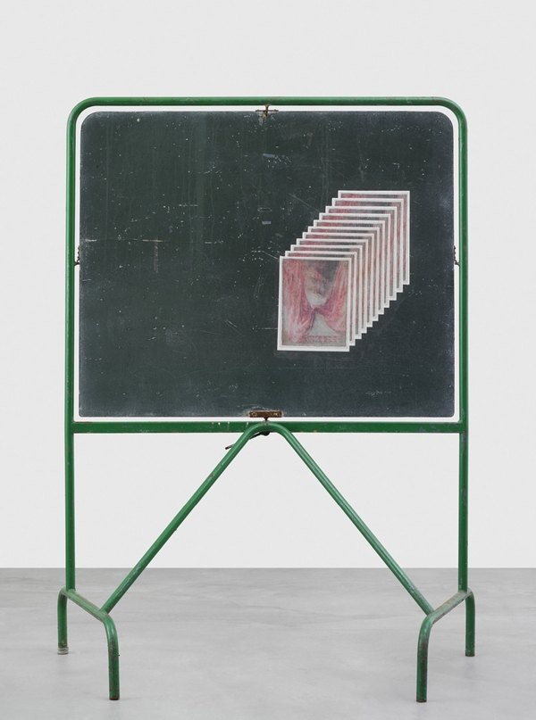 Matias Faldbakken Blackboard (Punk Curtains), 2016 Blackboard, Lascaux UV-glue, 11 prints on newsprint, 184.5 × 136 × 67 cm