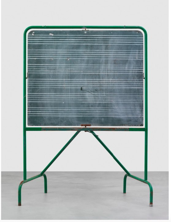 Matias Faldbakken Blackboard (Punk Curtains), 2016 Blackboard, Lascaux UV-glue, 11 prints on newsprint, 184.5 × 136 × 67 cm