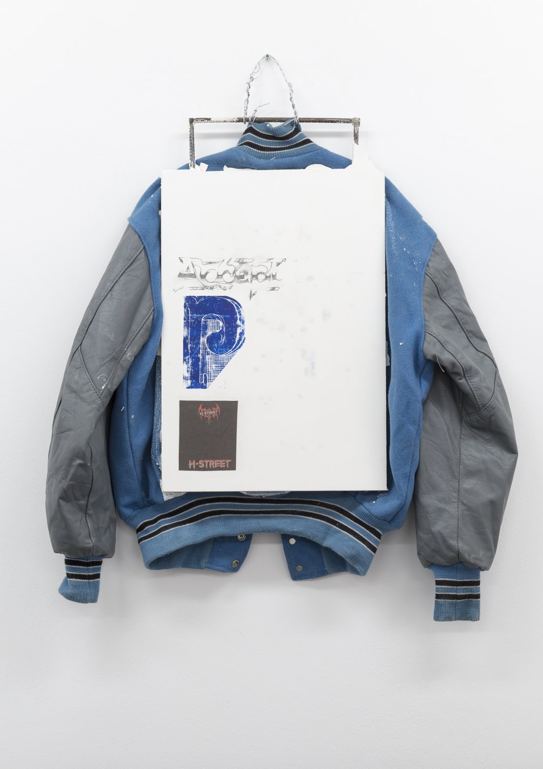 Matias Faldbakken PLASTER JACKET (Accept, P, H-STREET), 2017 Synthetical plaster, rebar, zip ties, steel wire, pencil, lino print, newsprint, UV-glue, 85 × 75 × 15 cm