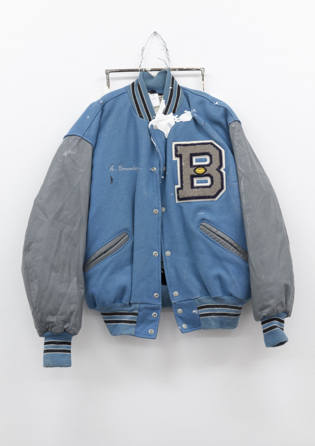 Matias Faldbakken PLASTER JACKET (Accept, P, H-STREET), 2017 Synthetical plaster, rebar, zip ties, steel wire, pencil, lino print, newsprint, UV-glue, 85 × 75 × 15 cm