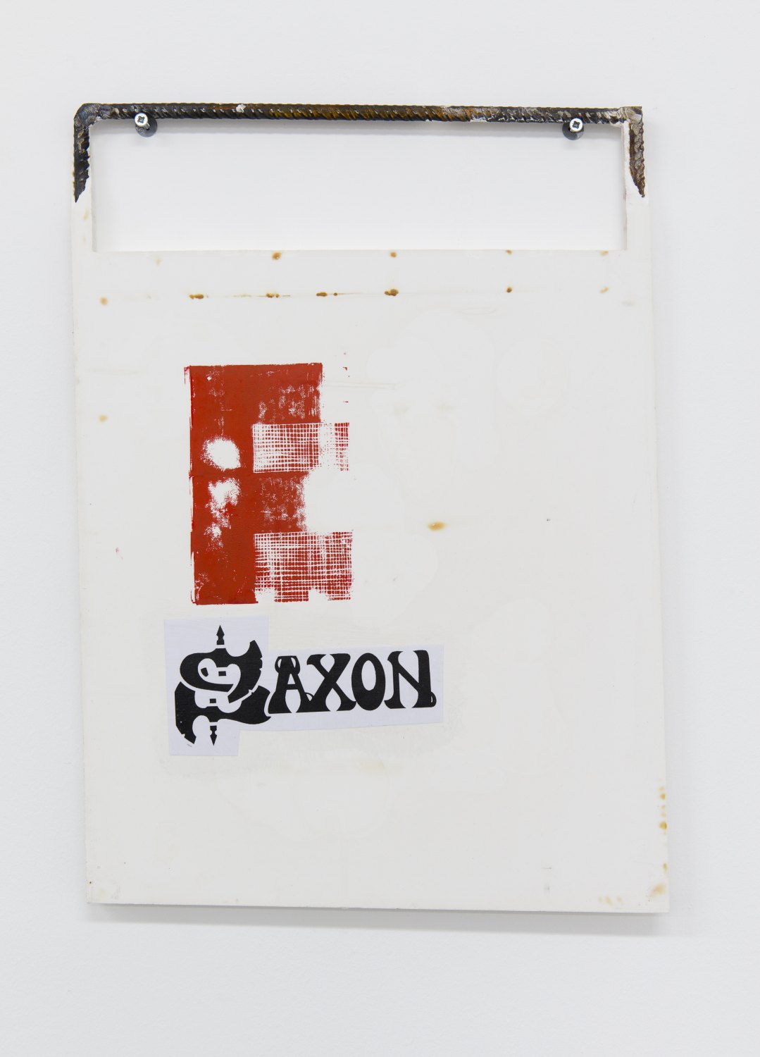 Matias Faldbakken PLASTER SCREEN (F FOR DEBT, SAXON), 2017 Snythetical plaster, rebar, zip ties, steel wire, inkjet print, lino print, UV-glue, 51.5 × 37 × 2.5 cm
