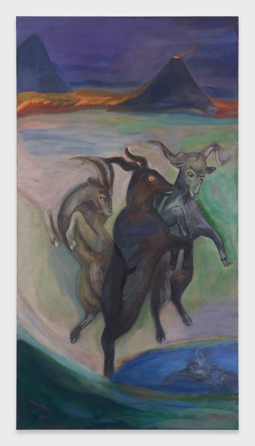 Jill Mulleady Exterior with Goats, 2019 Oil on linen, 168 x 90 cm