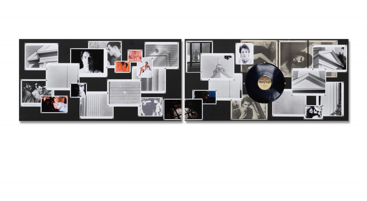 Tom Burr Bad Brad Board, 2007 2 wooden boards, thumb tacks, photos, record, paper 61 x 243 x 4.5 cm 