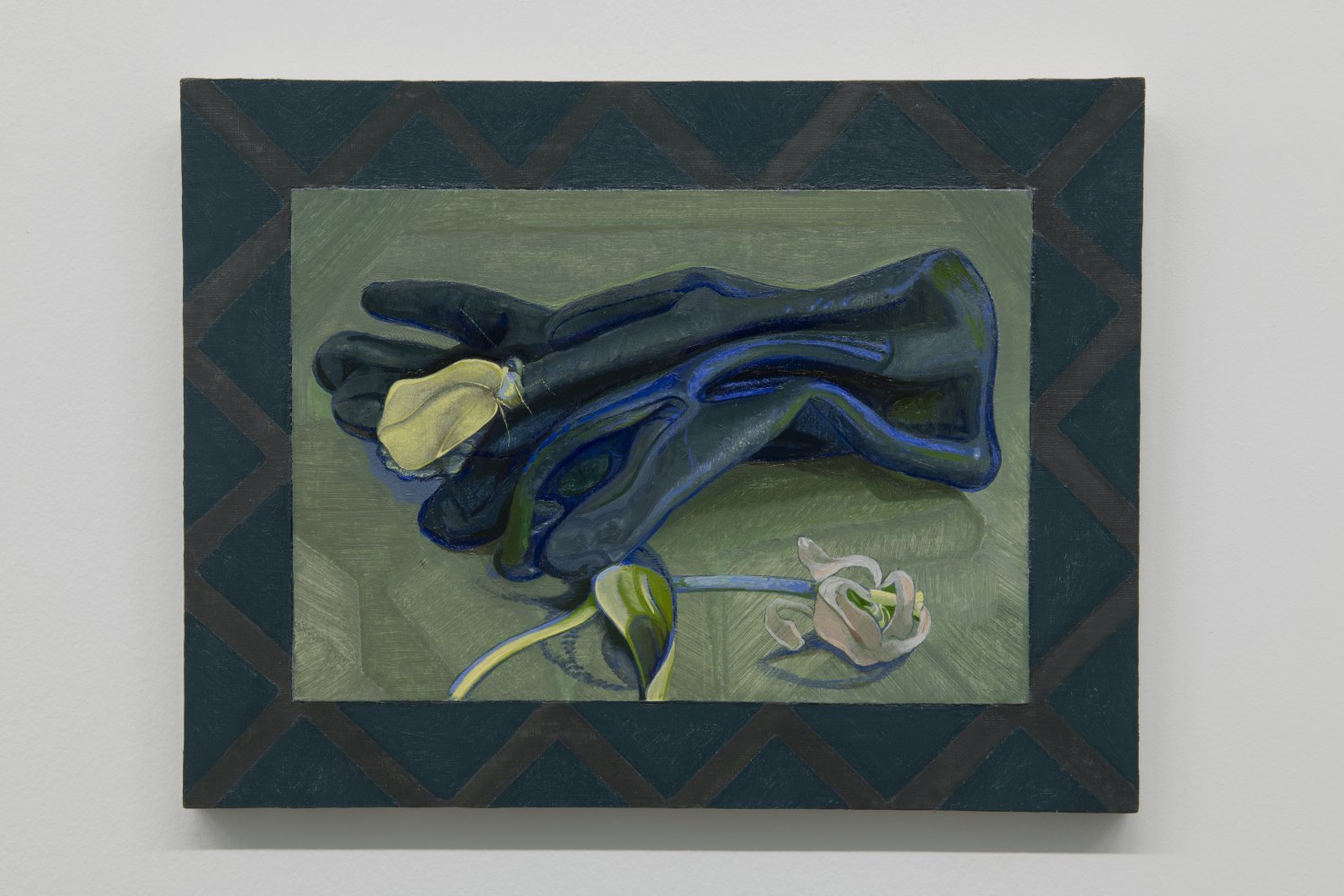 Victor Man Blue Gloves and Yellow Moth, 2020 Oil on canvas mounted on wood, 34.1 x 44.7 cm