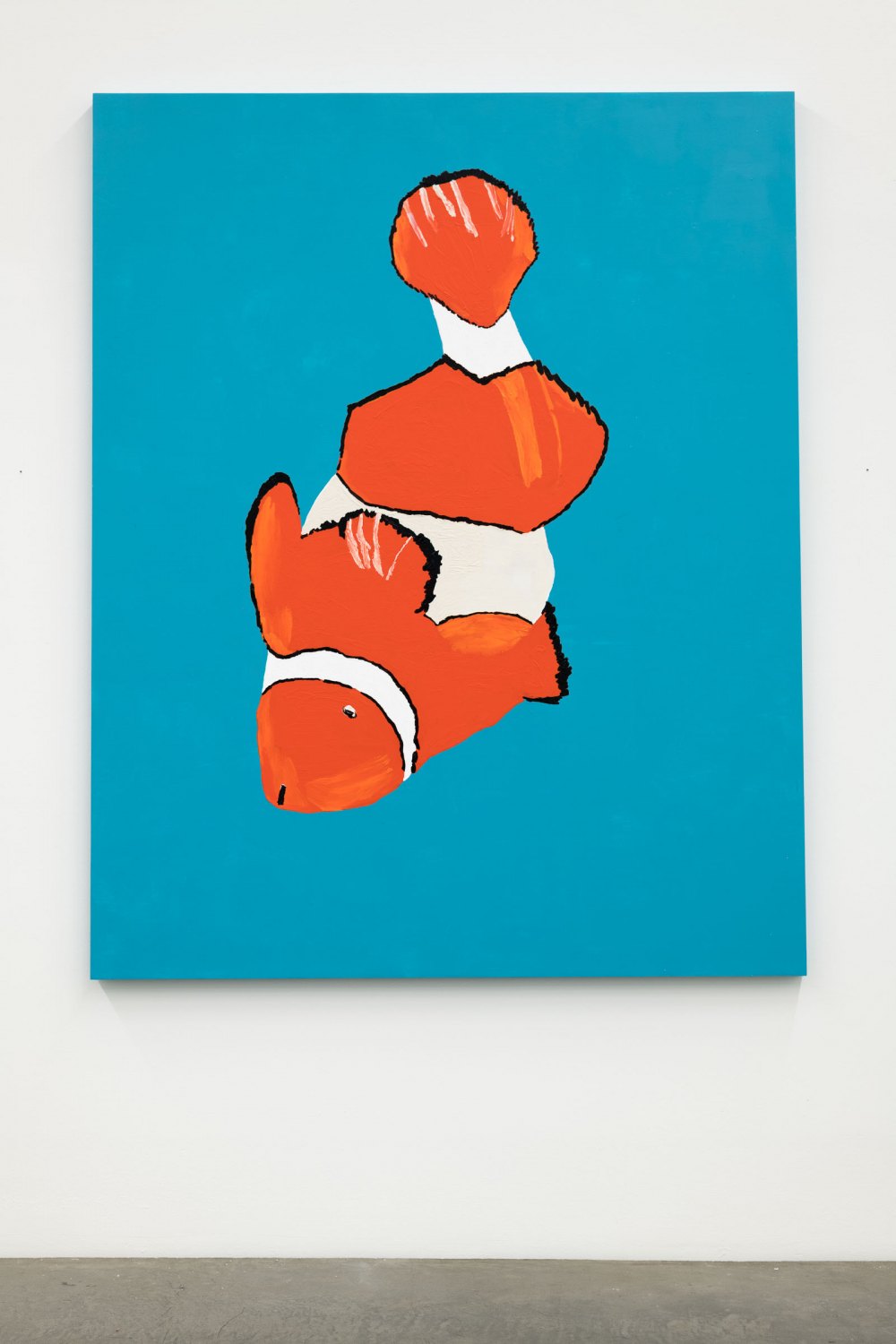Sometimes I just need to remember who i am or could be or don’t wanna be , a meditation like, sometimes I need to breathe into my belly more time’s than I do, (they could have done a lot more informing with Nemo)(loose stripped referent from “Clown Fish, DIY painting, Painting Kit, Peiloff, Learn to paint, fish, seascape” on eBay), 2021 Acrylic paint on wood panel 186.8 (H) x 186 (H) x 150 (W) x 151 (W) cm