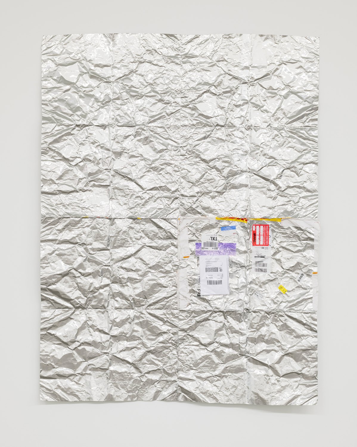 Impressions, it takes a village (me>EssexStreet>Morán Morán>Modern Art>Neu), 2021 Industrial aluminum foil and foil tape plus shipping documents/traces 194.5 (H) x 193 (H) x 148 (W) x 147 (W) cm