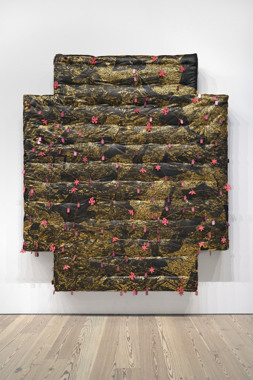 SoiL Thornton What Is Sexuality, Is The Scale Infinite Similar To A Line, 2017 Acrylic paint, metallic paint, copper wire, galvanized steel wire, aluminum military dog tags, and plexiglass on cotton and foam with wood frame 281.9 × 243.8 × 27.9 cm