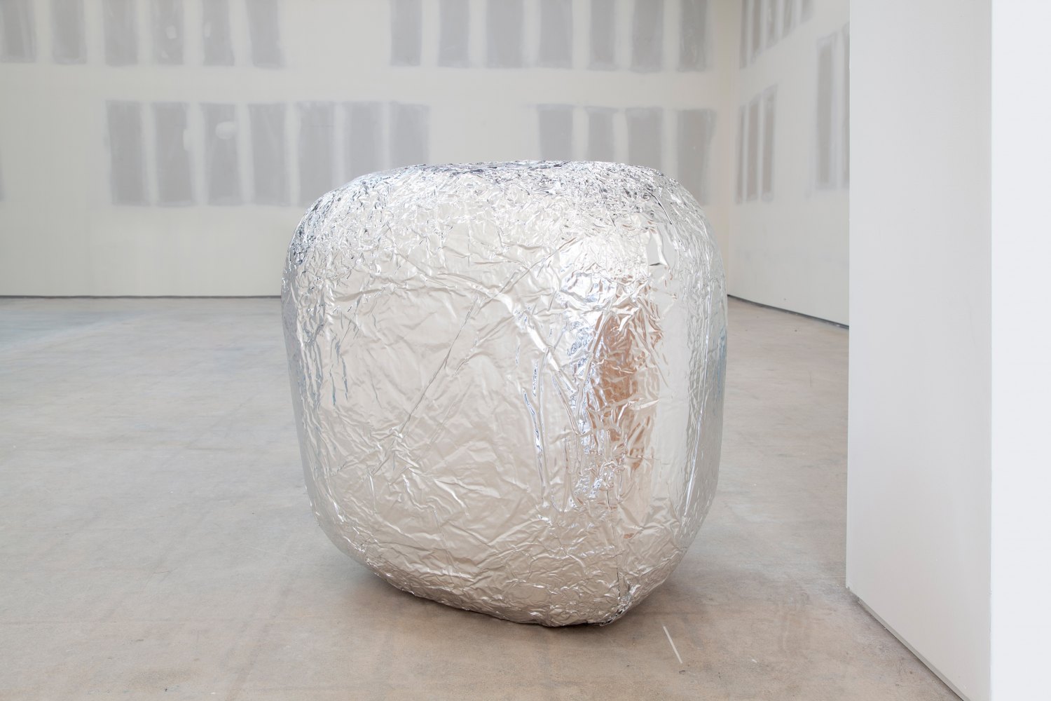 SoiL Thornton Bench/barrier (314 lbs), 2021 Aluminum foil and aluminum foil tape compressed to the combined weight of momma and deddy 73.7 x 63.5 x 40.6 cm