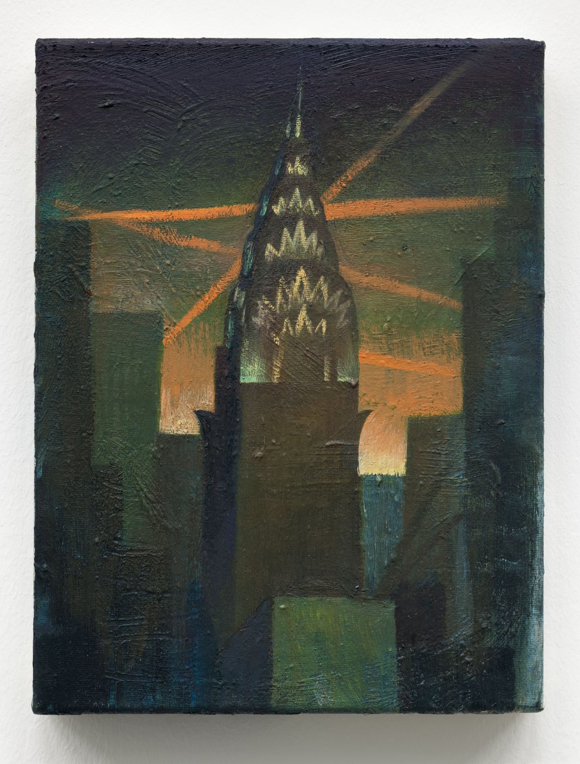 Louis Fratino Contrails, Chrysler building, 2022 Oil on canvas 30.5 x 23 cm
