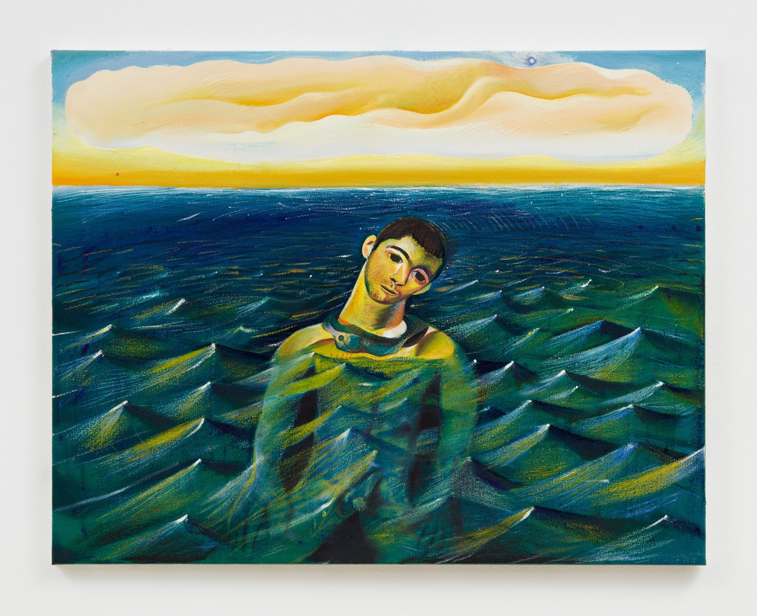 Louis Fratino Tom at Riis Beach wearing my underwear around his neck, 2019 Oil on canvas 56 x 71 cm