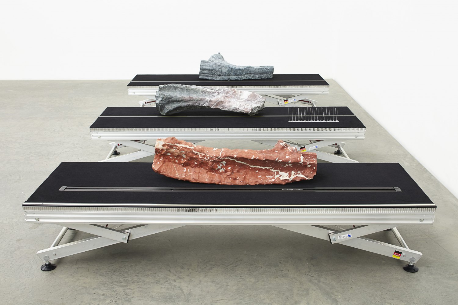 Yngve Holen  Extended Operations XWB, 2014 Marble, honeycomb panel, carpet, emergency floor path system, seat rail, stage element 76 x 210 x 70 cm   