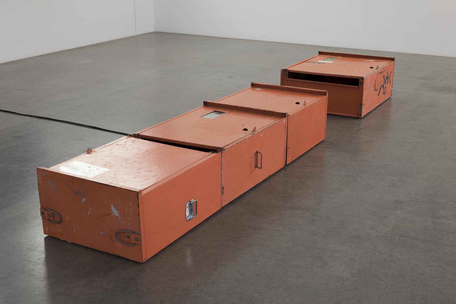 Klara Lidén  (0, 0, 0), 2023  4 channel video installation; 4 audio stereo channels  LED monitors and construction power boxes  Sound: Andreas Nelson and Paul Siegerhall  Camera: Marco Bruzzone Dimensions variable 