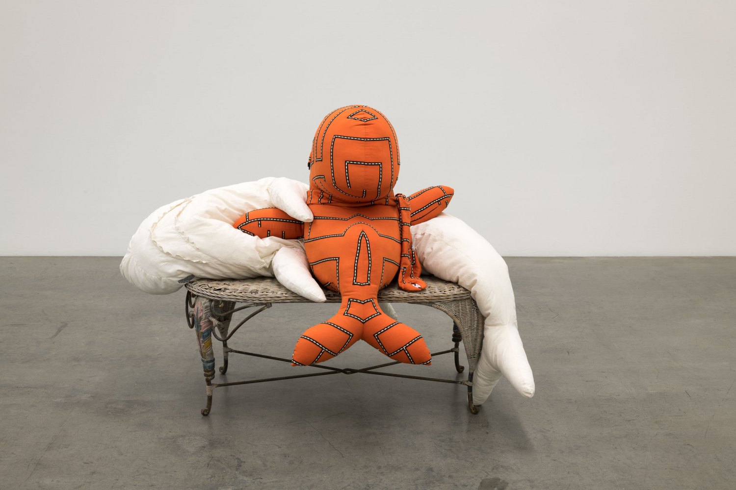 Cosima von Bonin, Mae Day VIII (Wal Visconti Hai Version), 2024 Mixed media (wool, rattan, lacquer, iron, cotton, fleece) 103 x 132 x 95 cm
