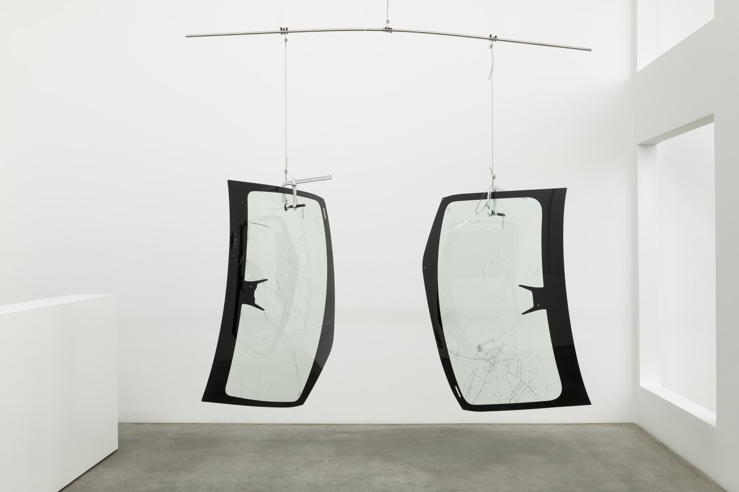 Cerith Wyn Evans Phase Shift V, 2025 stainless steel, 2 car windscreens 280 x Ø 260 cm