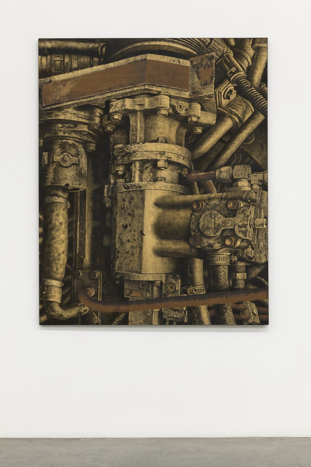 Jonathan Okoronkwo The Machine Make Diiiiiin (Mechanical Silence), 2024 used motor oil and liquefied steel on ply wood 150 x 120 x 3 cm