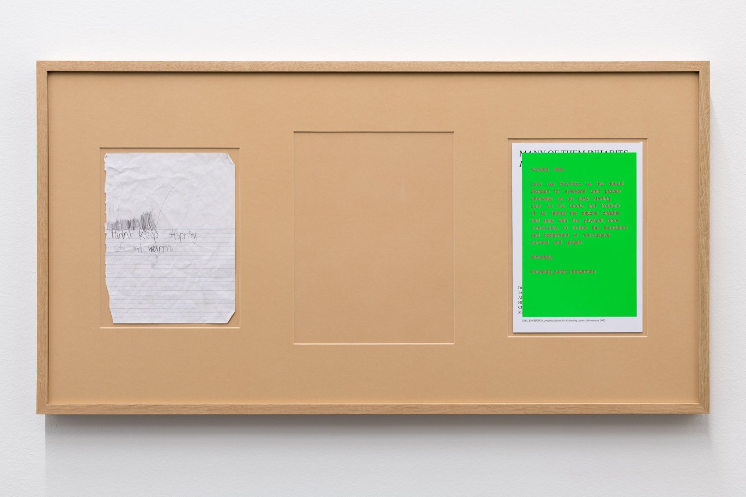 1,      2,          3,              breathe, 2025 found drawing of graphite on paper, space to think, proposal advertisement for choosing_suitor_intervention 2023 as Many Of Them issue 10 cover, matted and framed 51 x 97 cm
