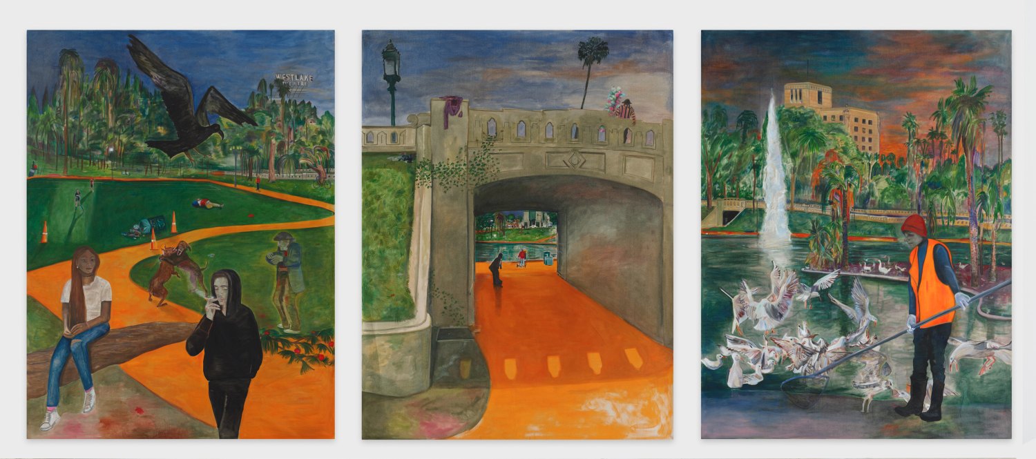 Jill Mulleady Someone left the cake out in the rain, 2020 Oil on linen 280 x 210 cm each panel 