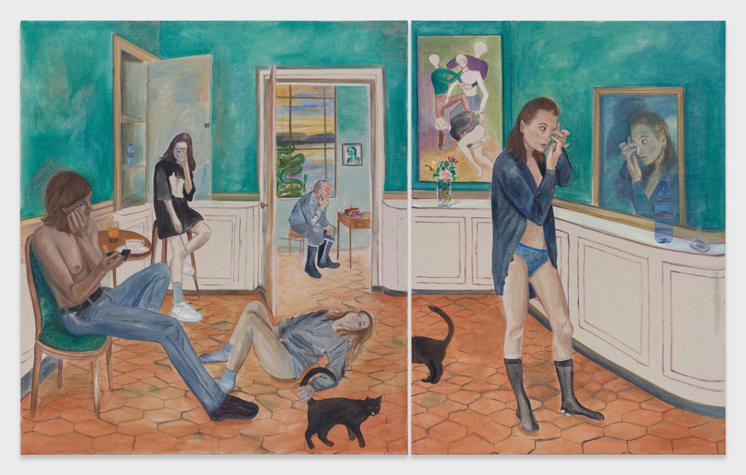Jill Mulleady Interior, 2019 Oil on linen 168 x 152 cm (left panel), 168 x 120 cm (right panel)