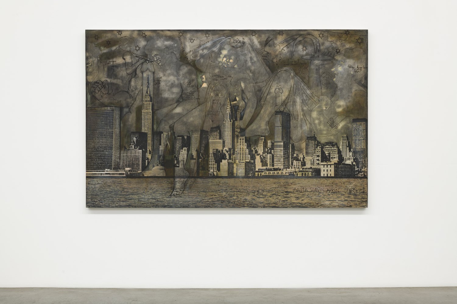 Anita Steckel NY Skyline on Canvas #5 (Eat Your Power Honey, Before It Grows Cold), ca. 1970 - 1972 Oil and silkscreen on canvas 160 x 251.5 x 7.5 cm
