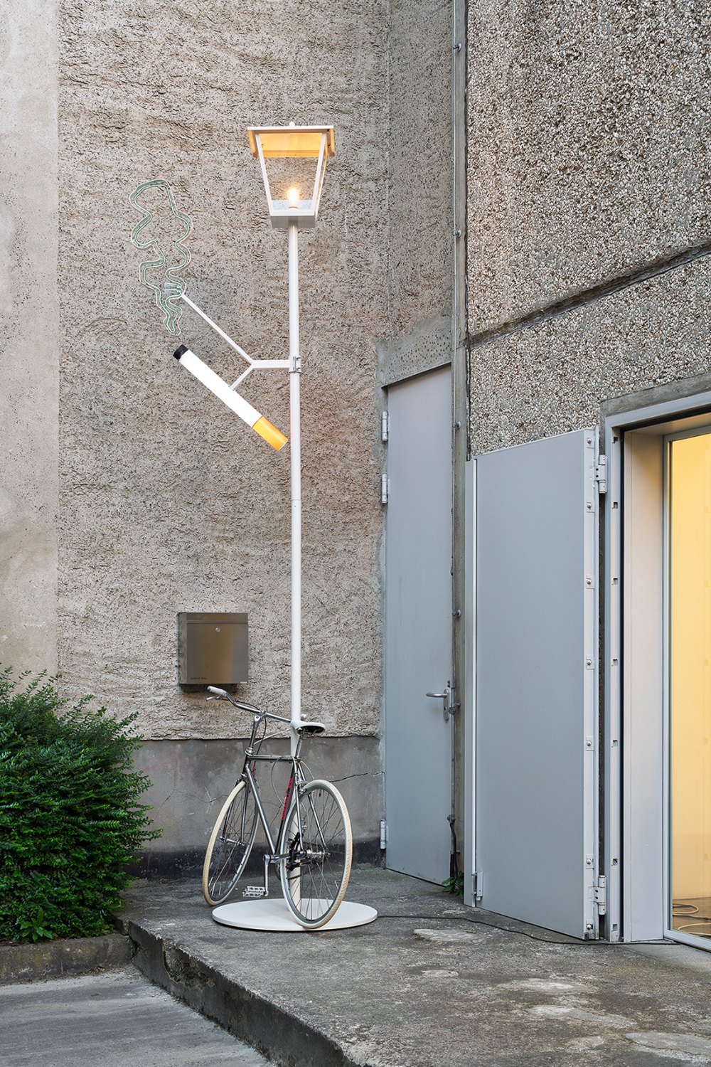Cosima von Bonin May & June 1 + Smoke (CvB & Michel Würthle), 2008-2010 Steel, plateglass, lacquer, light bulb spruce, perspex, lacquer, neon tube,light emitting diode, bicycle, bicycle lock 410 x 140 x 90 cm