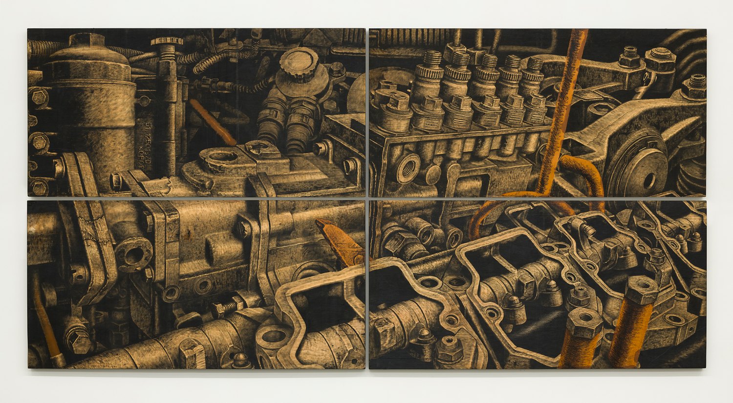 Hurry Den Come Make We Go Where We Dey Go, 2026 Decommissioned motor oil and liquefied steel on plywood quadriptych, 122 x 244 x 6 cm each