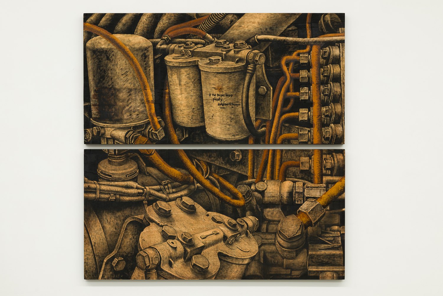 Master No Dey, 2026 Decommissioned motor oil and liquefied steel on plywood diptych, 122 x 244 x 7 cm each