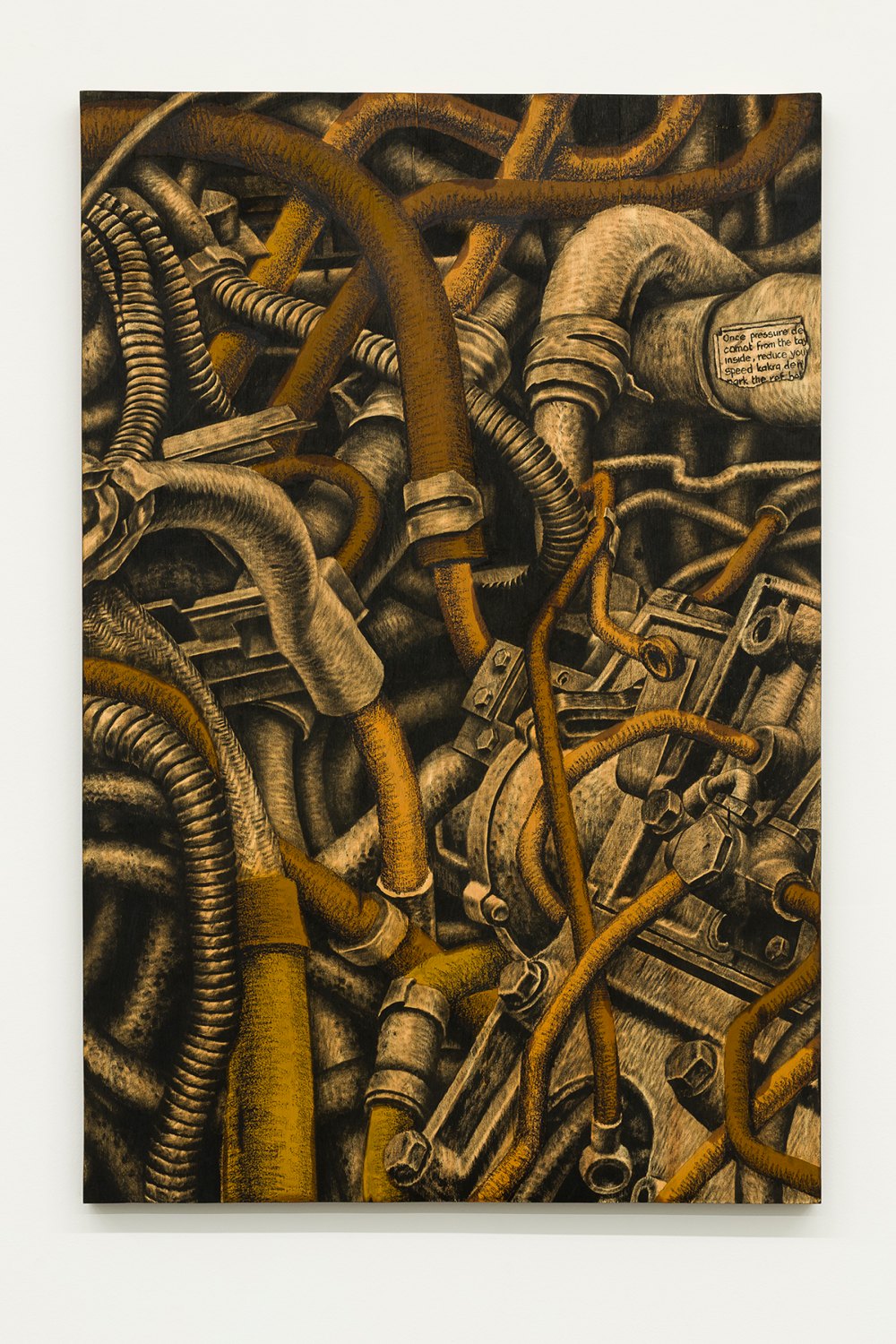 E Hard ooo, 2026 Decommissioned motor oil and liquefied steel on plywood 183 x 122 x 6 cm