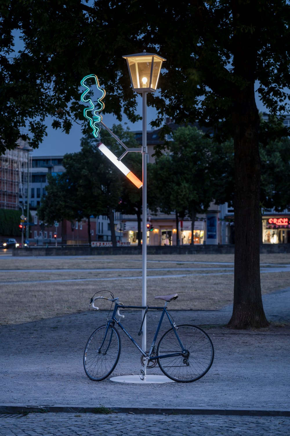 May & June 1 + Smoke (CvB & Michel Würthle), 2008-10 Steel, plateglass, lacquer, light bulb spruce, perspex, lacquer, neon tube, light emitting diode, bicycle, bicycle lock 410 x 140 x 90 cm