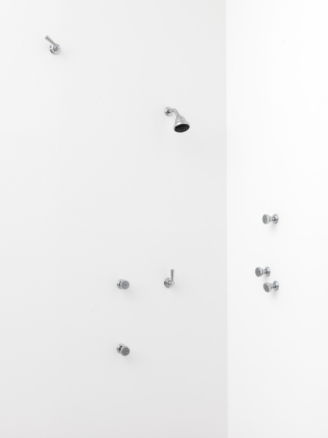 Bernadette Corporation I wanna See your Inside...., 2010 Dornbracht Madison Flair shower head, 5 body sprays, and 2 wall valves with 4 hand engravings, dimensions variable