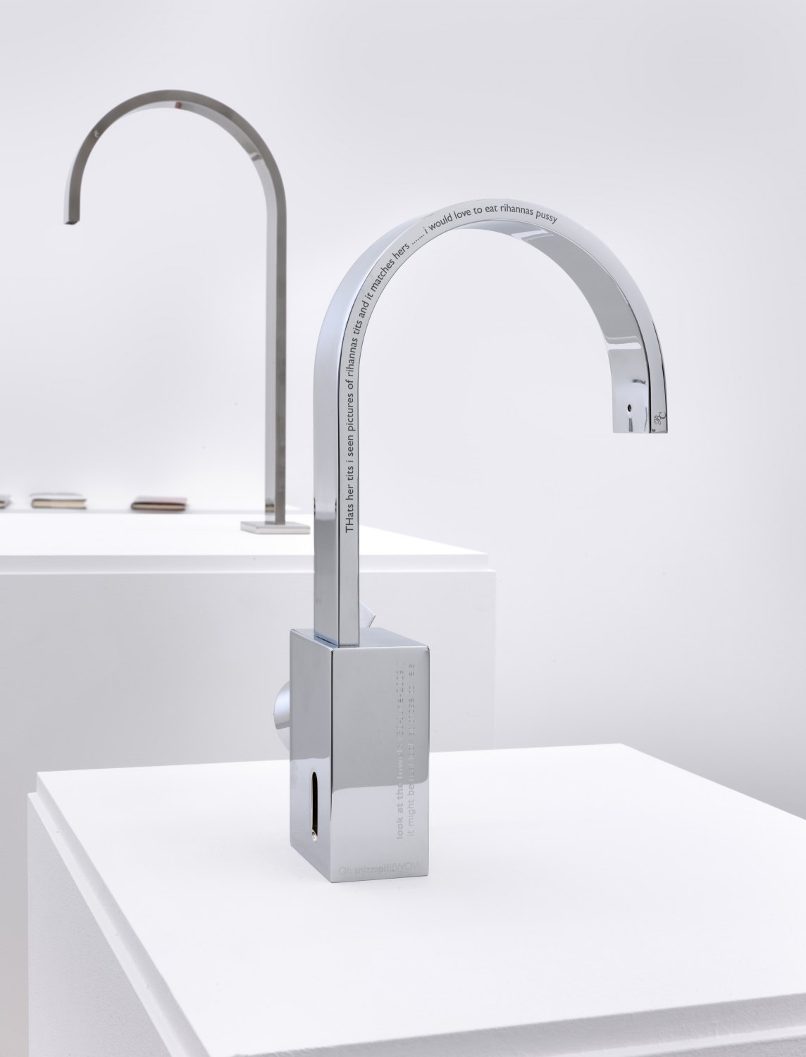 Bernadette Corporation Oh snizzap!!!, 2010 Dornbracht MEM single-lever basin mixer, plinth with 4 machine engravings and 2 sandblast etchings, 145 × 40.4 × 40.4 cm 