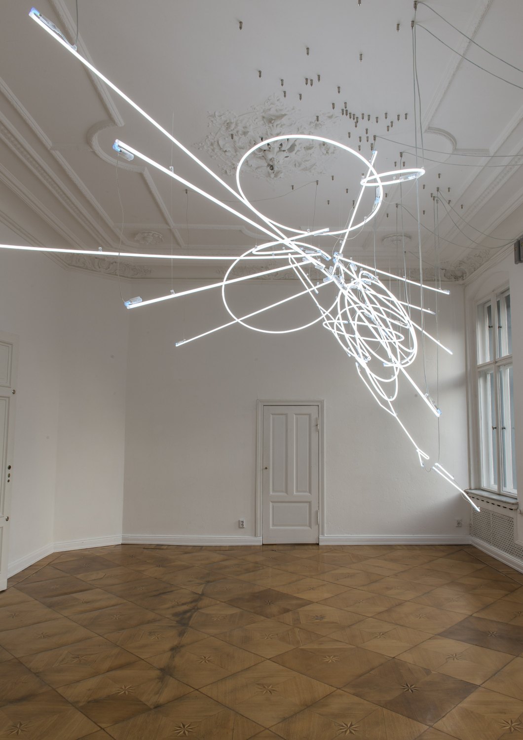 Cerith Wyn Evans    E=L=A=P=S=U=R=E (In Vitro), 2013    Neon, steel and cables,  318 × 362 × 635 cm   