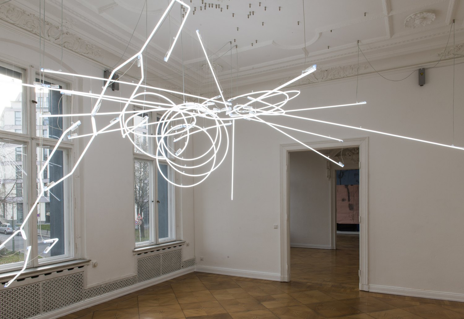 Cerith Wyn Evans    E=L=A=P=S=U=R=E (In Vitro), 2013    Neon, steel and cables,  318 × 362 × 635 cm   