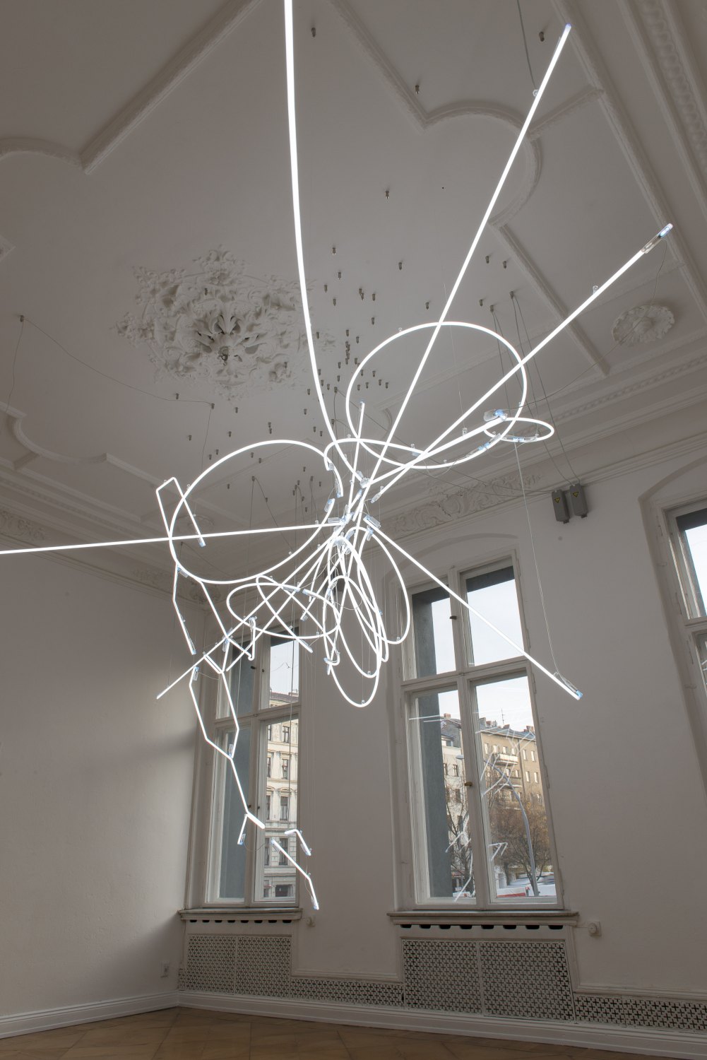 Cerith Wyn Evans    E=L=A=P=S=U=R=E (In Vitro), 2013    Neon, steel and cables,  318 × 362 × 635 cm   