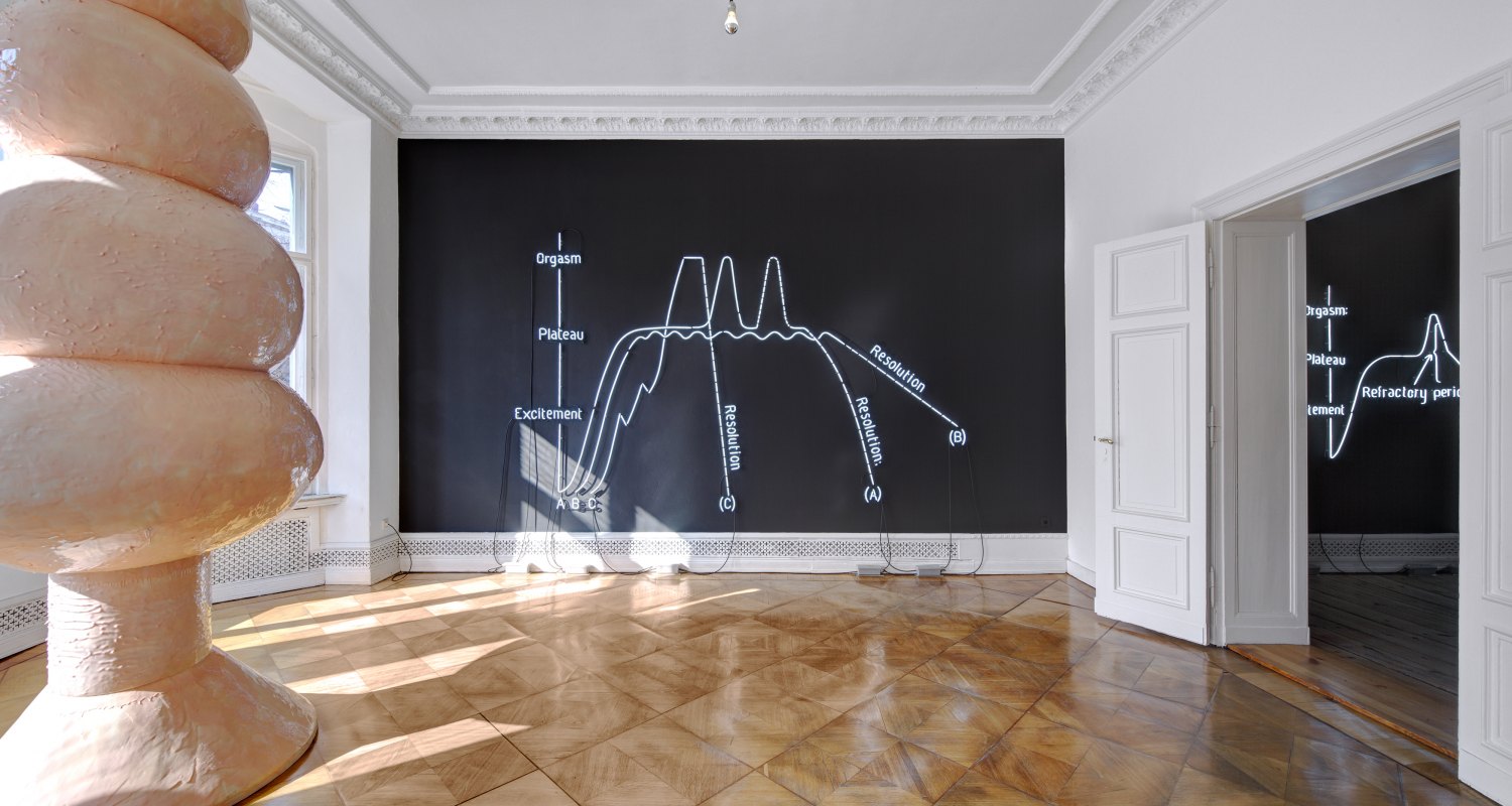 Claire Fontaine Orgasm Neon (Female), 2009 Black wall, white neon tube 6500k, cables, transformer, 300 × 400 cm