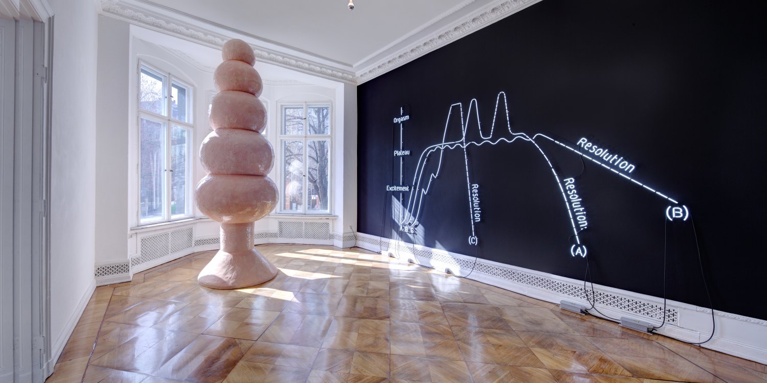 Claire Fontaine Orgasm Neon (Female), 2009 Black wall, white neon tube 6500k, cables, transformer, 300 × 400 cm