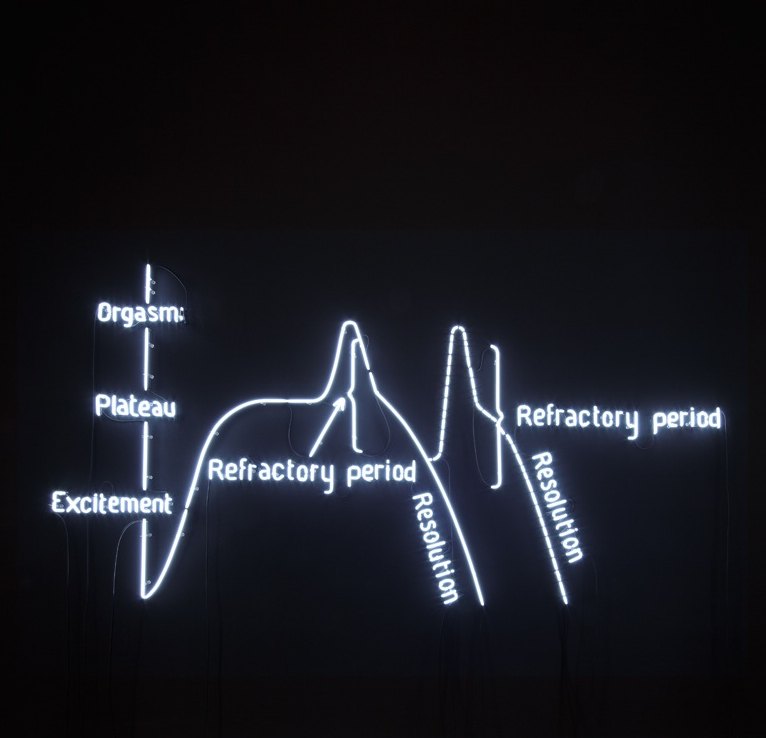 Claire Fontaine Orgasm Neon (Male), 2009 Black wall, white neon tube 6500k, cables, transformer, 300 × 400 cm