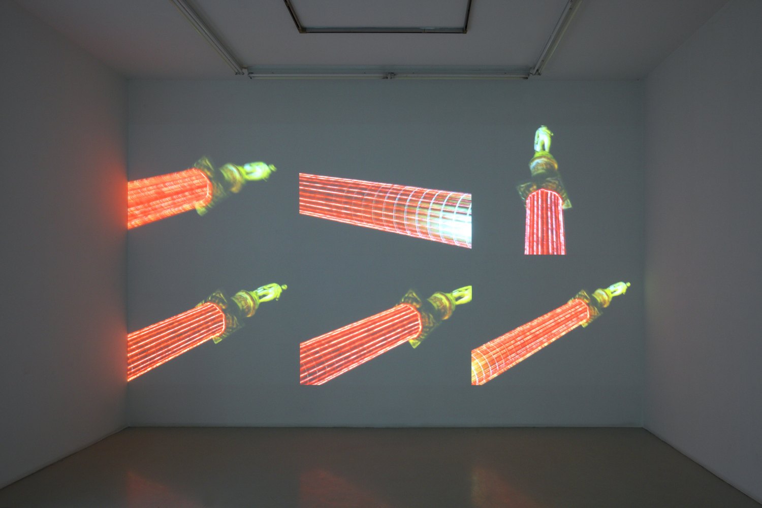 Hilary Lloyd  Column, 2009  6 Sanyo PLC-XP100 Projectors, 6 Pioneer DVD-V7300D Players, 12 Unicol Suspension Units, dimensions variable