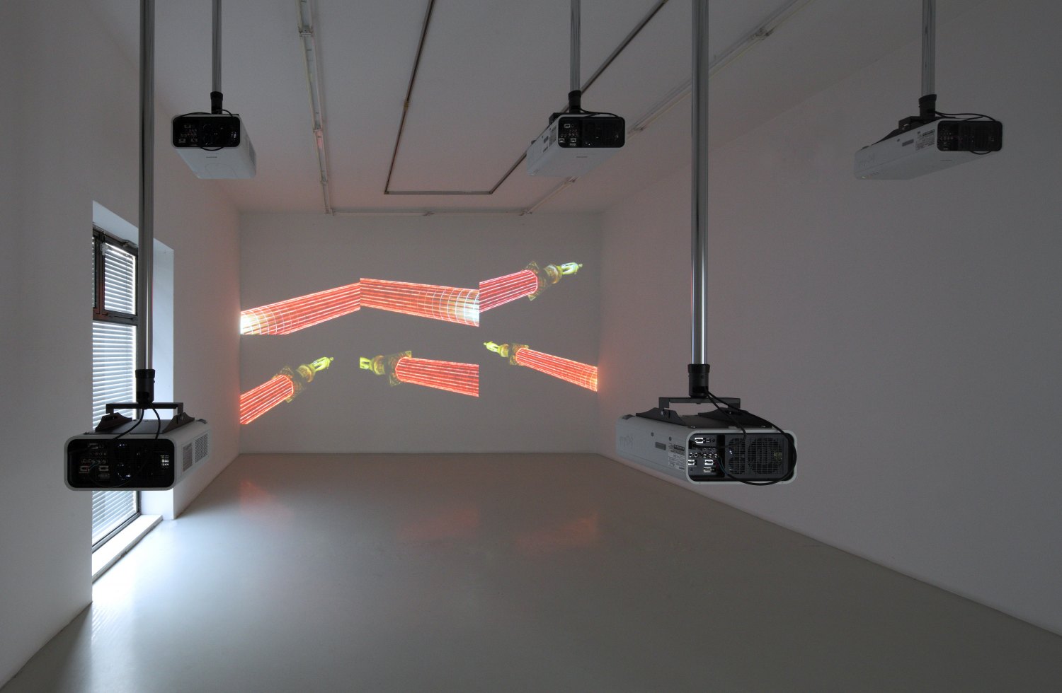 Hilary Lloyd  Column, 2009  6 Sanyo PLC-XP100 Projectors, 6 Pioneer DVD-V7300D Players, 12 Unicol Suspension Units, dimensions variable