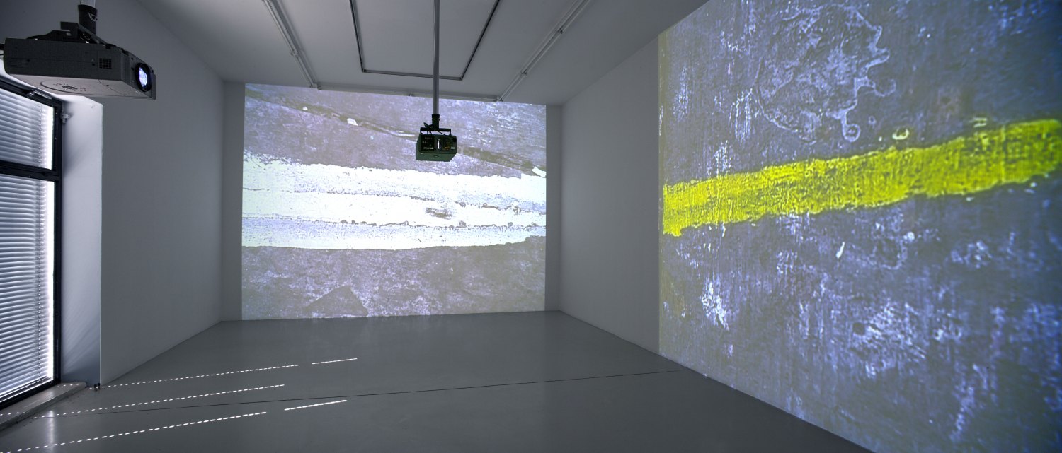 Hilary Lloyd Studio, 2007 2 DVDs, Unicol suspension units, Pioneer DVD-V7300D, Eiki LC-X71, 38 min, dimensions variable 