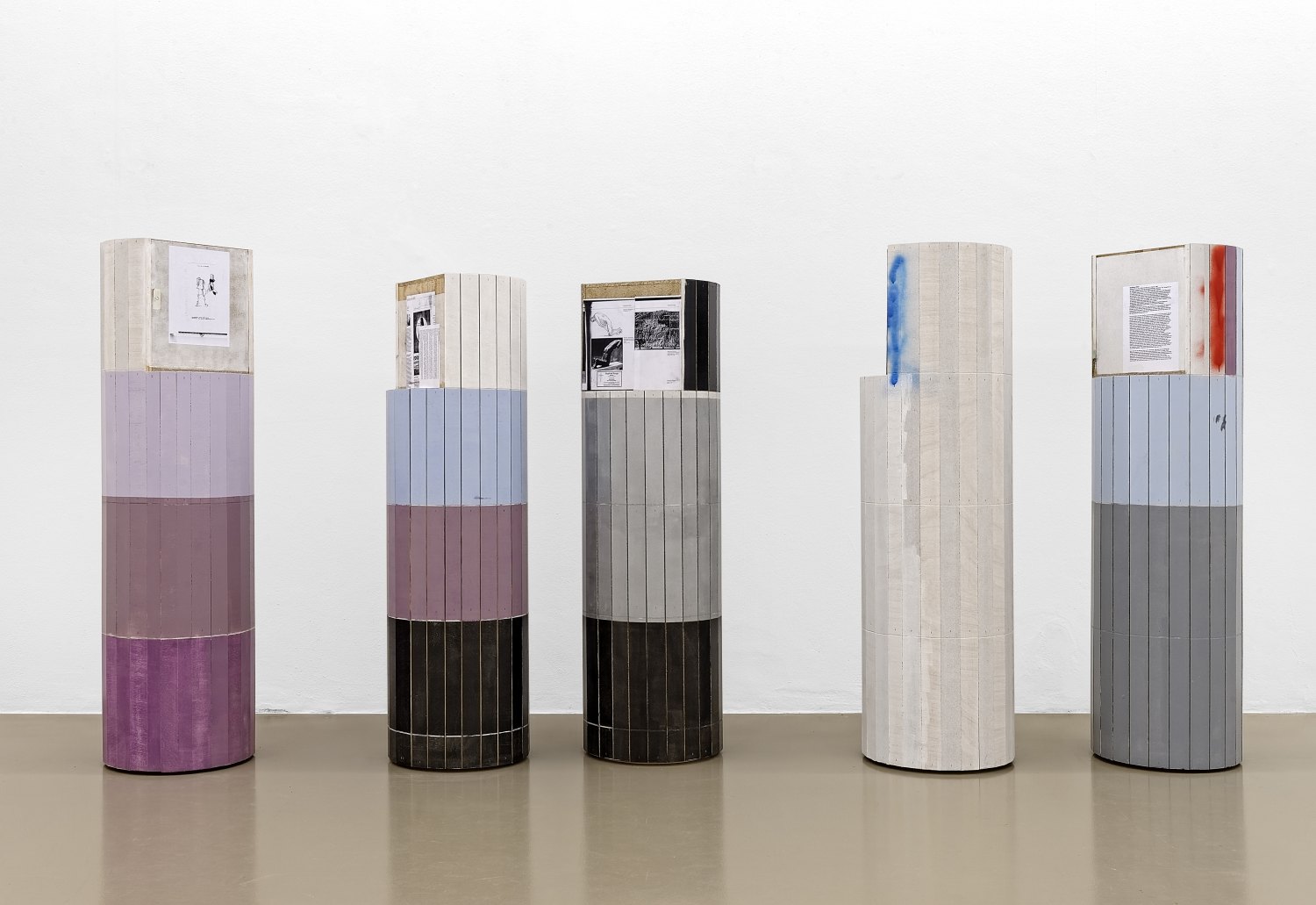 Manfred Pernice   Untitled (Dosen), 2013    Wood, paint, paper, 180 × Ø 48 cm   