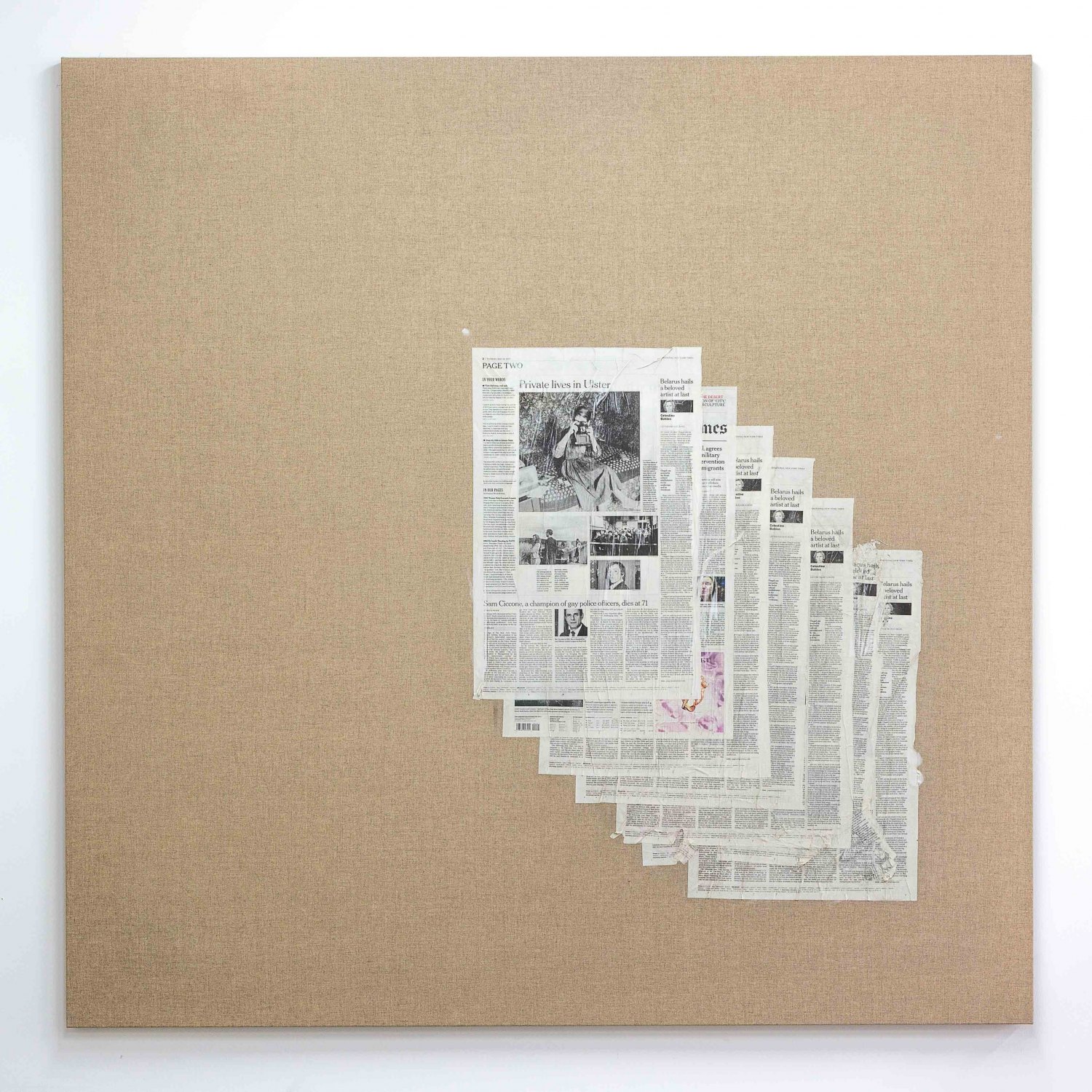 Matias Faldbakken Untitled (Canvas #106), 2015 Newspaper print on Belgian linen, wooden stretcher, 152.5 × 152.5 × 3.2 cm