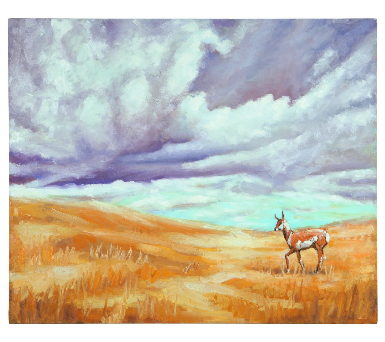 Ull Hohn,  In late October a pronghorn pauses briefly on a prairie, just before the wind becomes mixed with rain and snow, 1993 Oil on canvas, 89 × 107 cm